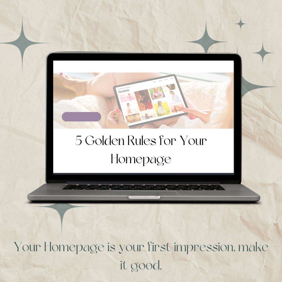 Laptop Screen with a home page showing "5 golden rules for your homepage"