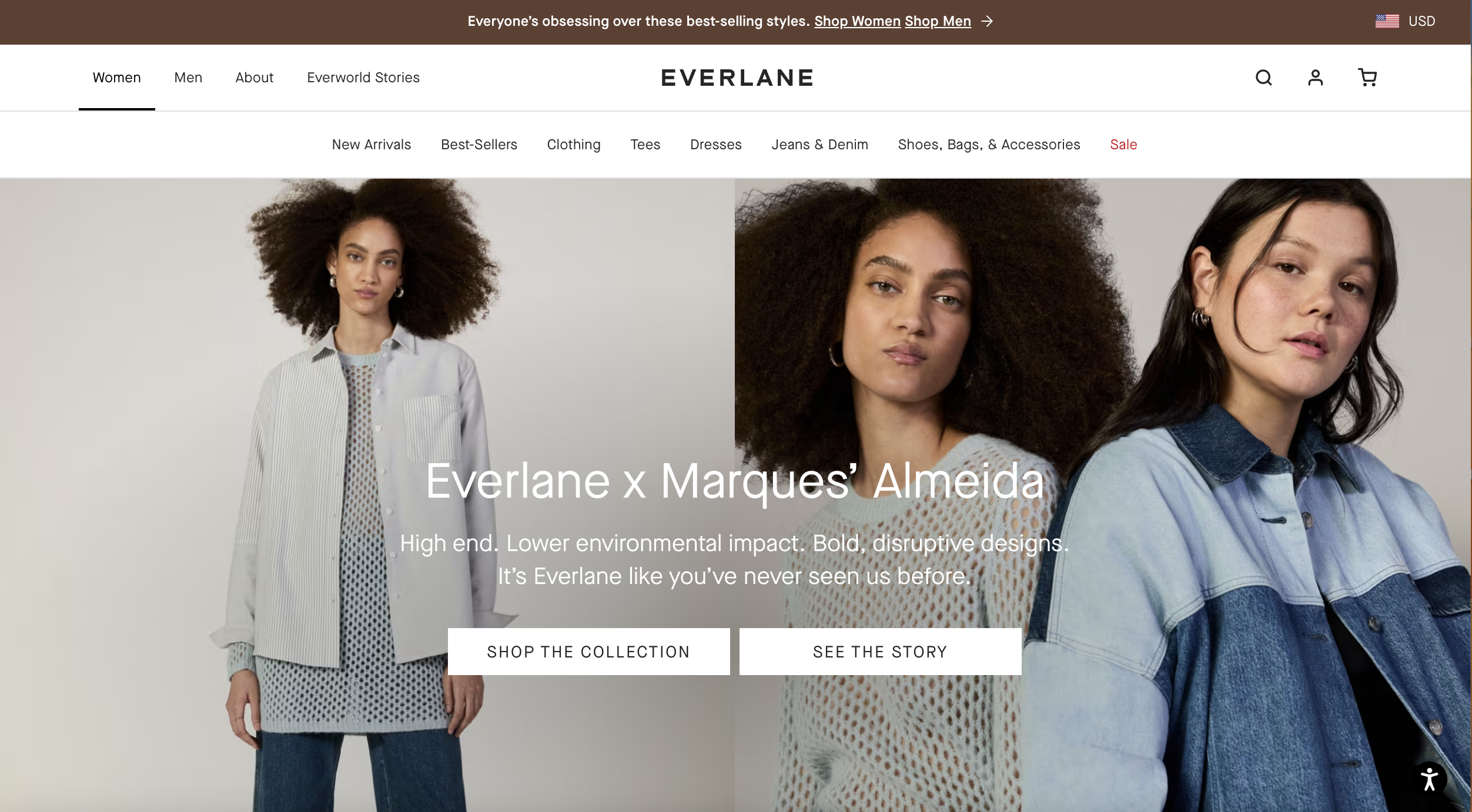 Screenshot of the home sceen of EVERLANE